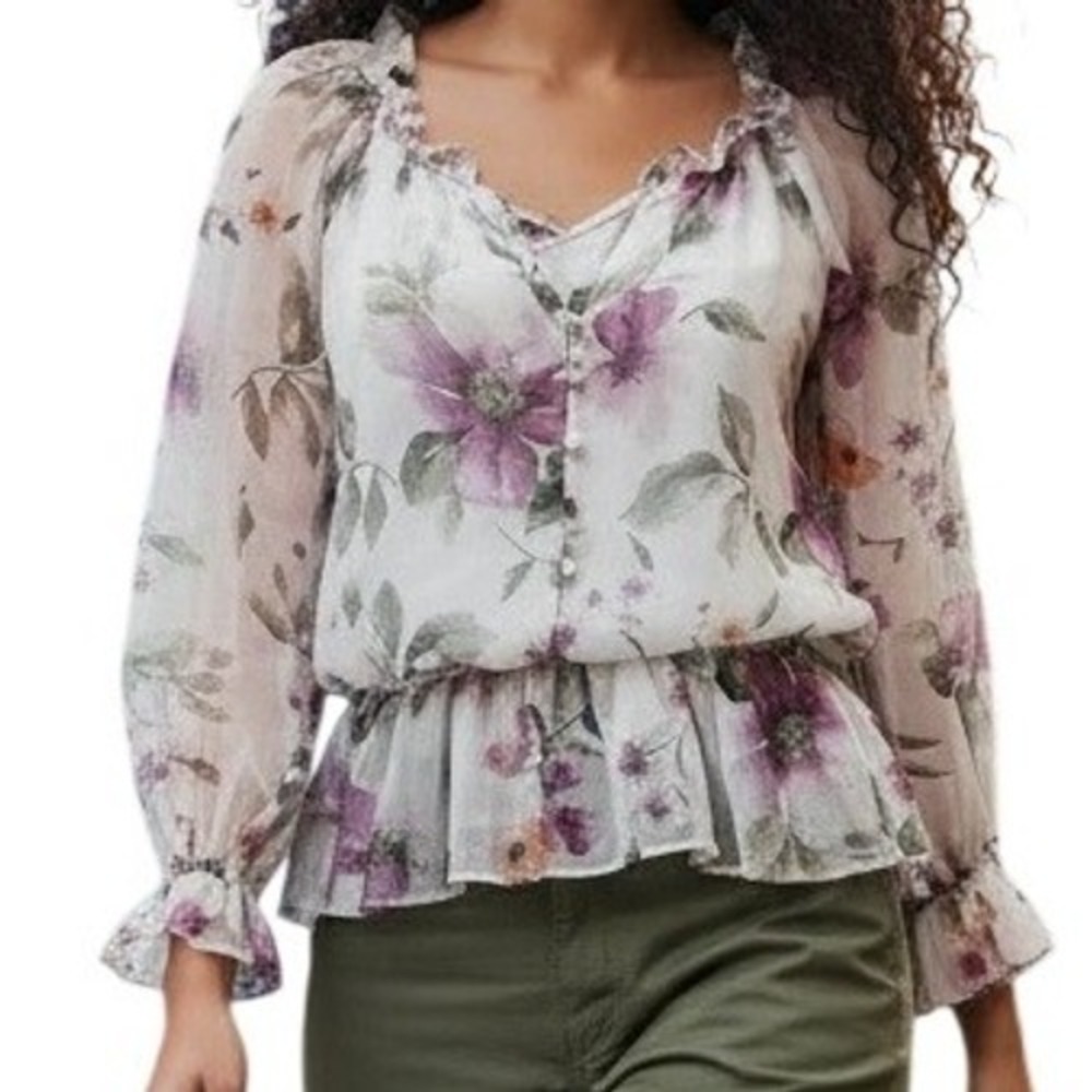 🆕 WHITE HOUSE BLACK MARKET Peplum Floral Watercolor Chiffon Blouse/Tank 6P